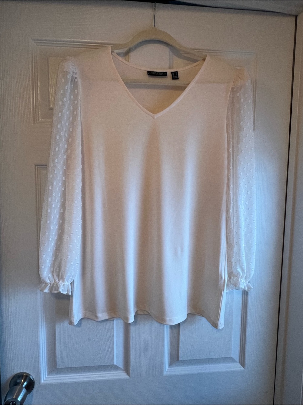 Susan Graver Liquid Knit Occasions V-Neck Blouse with Sheer Dotted Sleeves